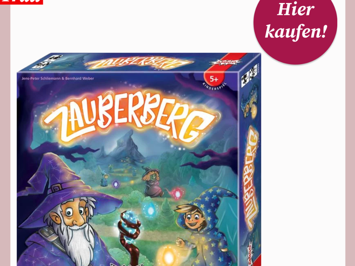 Verpackung des Kinderspiels "Zauberberg" mit leuchtenden Kugeln, Zauberer mit weißem Bart und lachendem Jungen im Zaubermantel. | © Thalia/Canva/Collage:bildderfrau.de