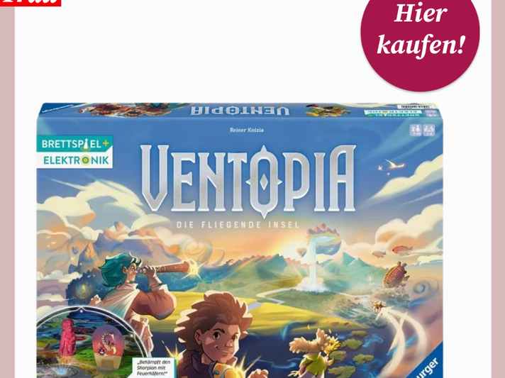 Bunt gestaltete Verpackung des Spiels „Ventopia“ zeigt abenteuerliche Figuren auf einer fliegenden Insel im Fantasy-Stil. | © Thalia/Canva/Collage:bildderfrau.de