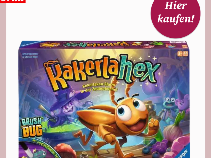 Verpackung des Kinderspiels "Kakerlaxhex" mit lachender Kakerlake, Hexenküche, bunten Zutaten und magischem Licht. | © Thalia/Canva/Collage: bildderfrau.de