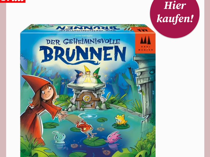 Bunt illustriertes Spiel "Der geheimnisvolle Brunnen" zeigt Zauberer am Brunnen, Fabeltiere im Teich und ein Mädchen in Rot. | © Thalia/Canva/Collage:bildderfrau.de