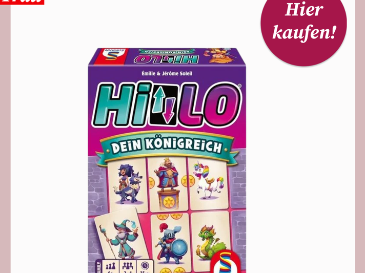 Bunte Spieleschachtel von "HiLo – Dein Königreich" mit Ritter-, Einhorn- und Drachenkarten auf weißem Hintergrund. | © Thalia/Canva/Collage:bildderfrau.de