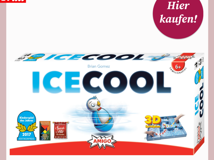 Spieleschachtel des Kinderspiels "ICECOOL" mit Pinguin-Illustration, Siegeln und dem Schriftzug „Hier kaufen!“ oben rechts. | © Thalia/Canva/Collage:bildderfrau.de