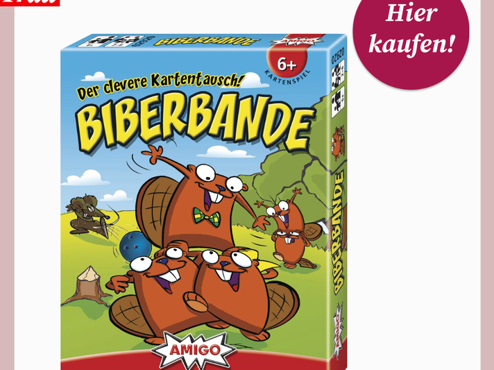 Bunte Spielverpackung von „Biberbande“ zeigt fröhliche Comic-Biber in Landschaft, empfohlen ab sechs Jahren. | © Thalia/Canva/Collage:bilderfrau.de