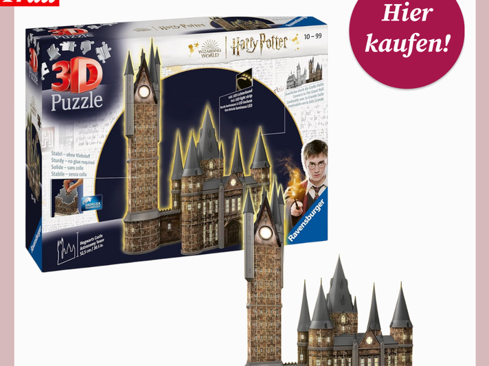 3D-Puzzle der Zauberschule Hogwarts mit Türmen, LED-Licht und Schachtel im Harry-Potter-Design, daneben der fertige Aufbau. | © Amazon/Canva/Collage:bildderfrau.de