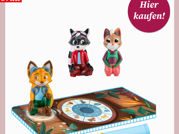 Kindgerechtes Lernspiel mit Fuchs-, Waschbär- und Katzenfigur, Spieltafel mit Buchstabenrad und blau-gelbem Stift. | © Amazon/Canva/Collage:bildderfrau.de