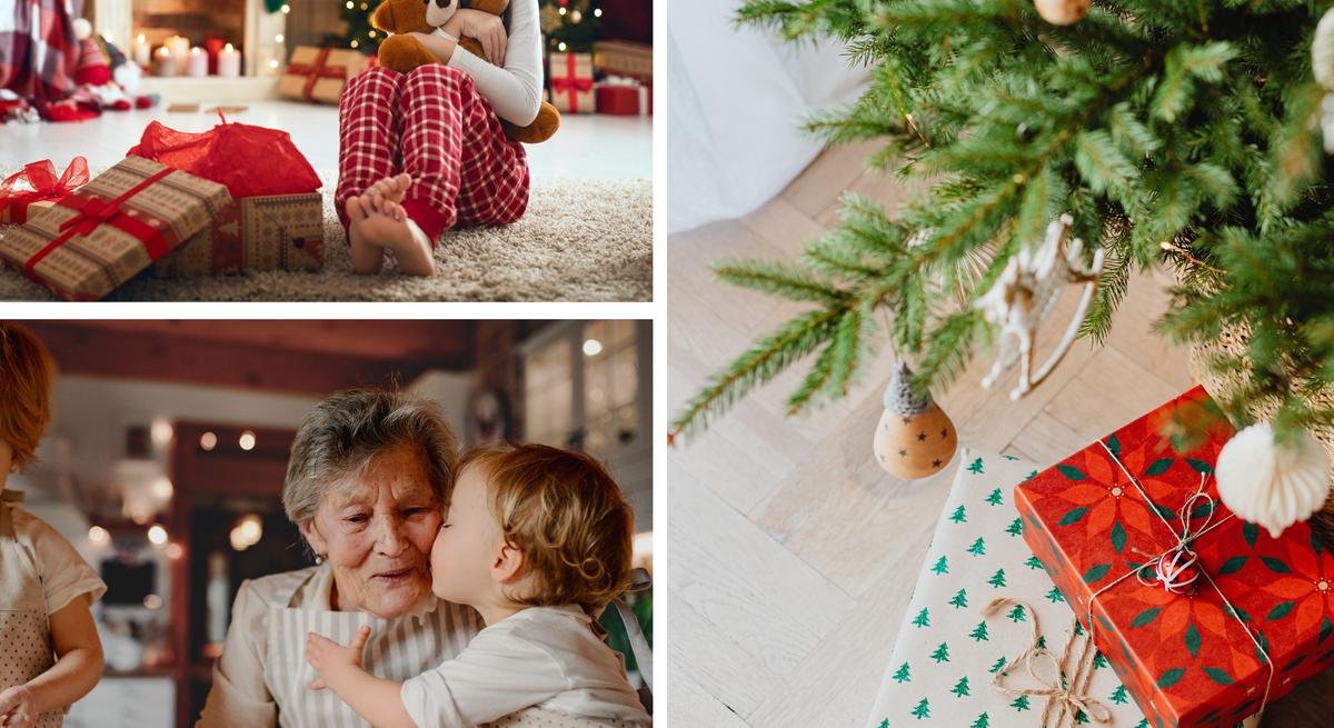 Ein lachendes Mädchen umarmt ihr Stofftier vor dem Weihnachtsbaum, ein Kind küsst die Oma, daneben Geschenke unter grünem Tannenbaum.