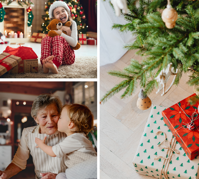 Ein lachendes Mädchen umarmt ihr Stofftier vor dem Weihnachtsbaum, ein Kind küsst die Oma, daneben Geschenke unter grünem Tannenbaum. | © Canva/Collage:bildderfrau.de