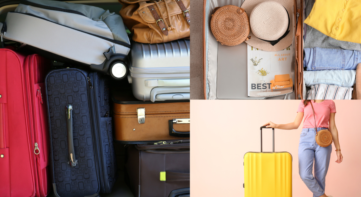 Junge Frau in rosa T-Shirt und Jeans mit gelbem Rollkoffer, daneben vollgepackter Kofferraum und offener Koffer mit Strohhüten und Kleidung.