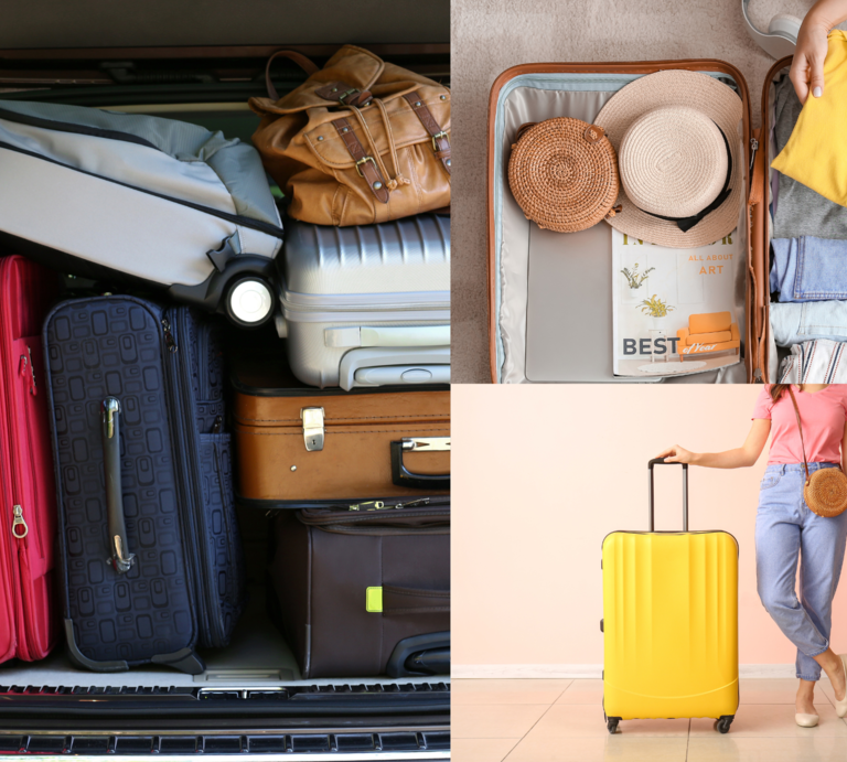 Junge Frau in rosa T-Shirt und Jeans mit gelbem Rollkoffer, daneben vollgepackter Kofferraum und offener Koffer mit Strohhüten und Kleidung. | © Canva/Collage:bildderfrau.de