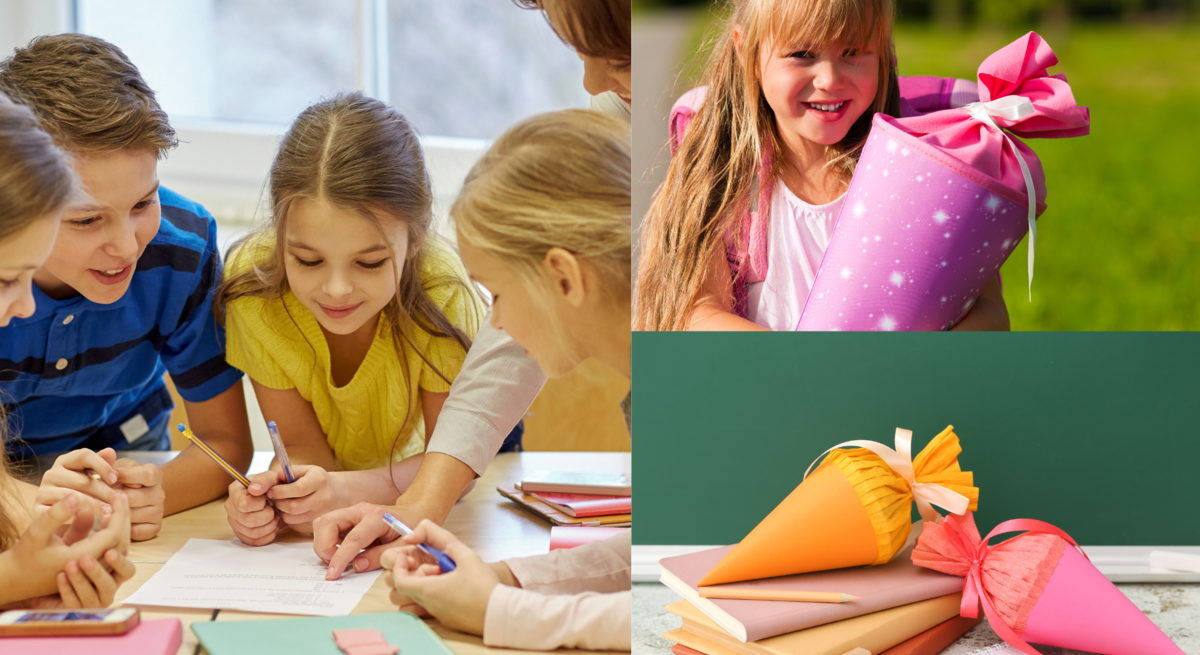 Fröhliche Kinder lernen gemeinsam am Tisch, ein Mädchen hält draußen stolz ihre Schultüte, daneben liegen Bücher und Tüten im Klassenzimmer.