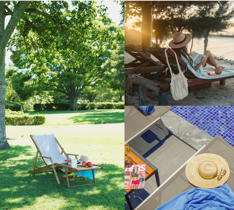 Drei sommerliche Liegeplätze: im Park unter Bäumen, am Strand bei Sonnenuntergang und am sonnigen Pool mit Hut und Magazin. | © Canva/Collage/bildderfrau.de