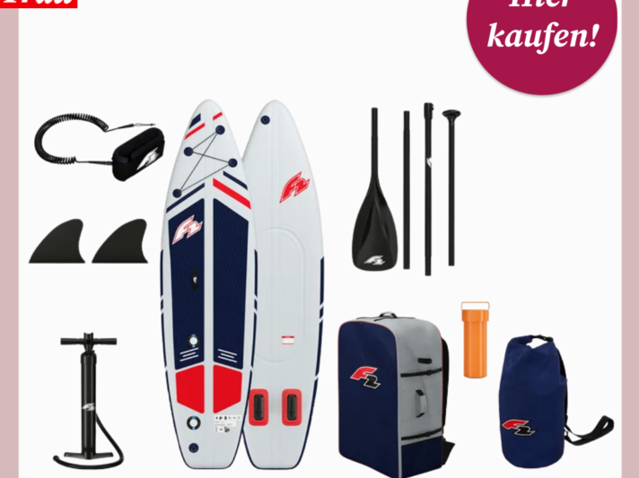 Komplettes Set für Stand-up-Paddling mit einem Board, Finnen, Paddel, Luftpumpe, Drybag und Transporttasche nebeneinander arrangiert. | © Lidl 