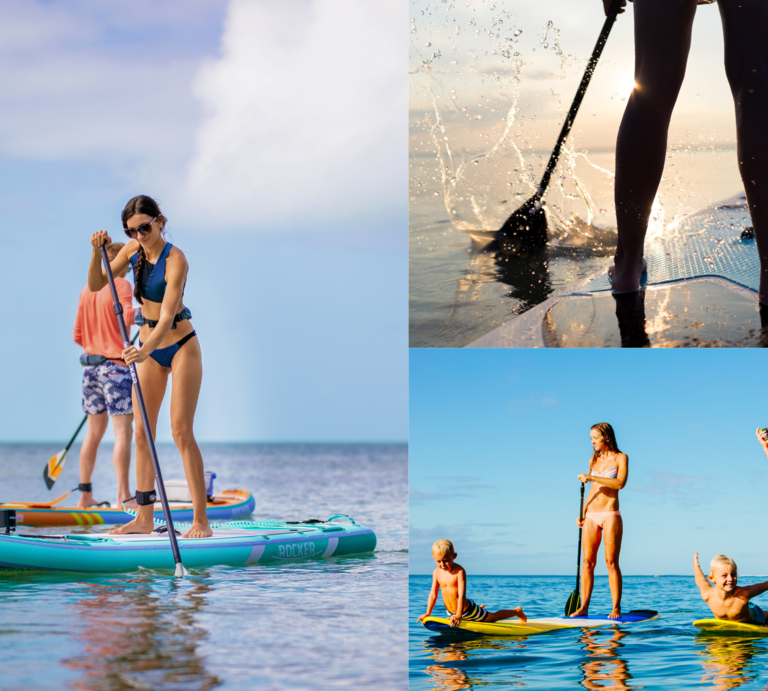 Drei Szenen: Frau paddelt sportlich, Füße spritzen Wasser beim Paddeln, Familie mit zwei Kindern genießt fröhlich das SUP auf dem Meer. | © Canva/Collage:bildderfrau.de