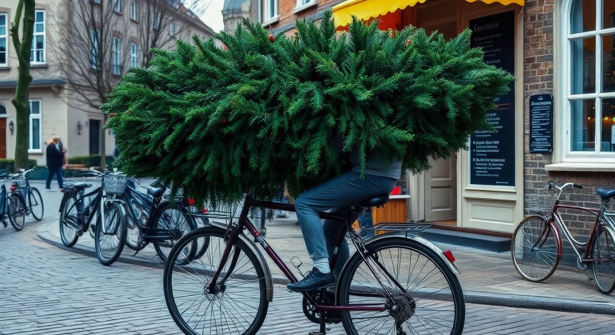 Eine Person transportiert einen großen Tannenbaum auf einem schwarzen Fahrrad durch eine gepflasterte Stadtstraße mit Backsteinfassaden.