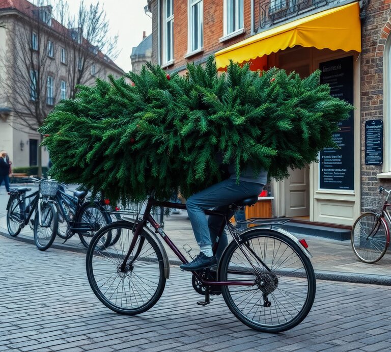 Eine Person transportiert einen großen Tannenbaum auf einem schwarzen Fahrrad durch eine gepflasterte Stadtstraße mit Backsteinfassaden. | © Adobe Stock/Evgenii Starkov (KI-generiert)