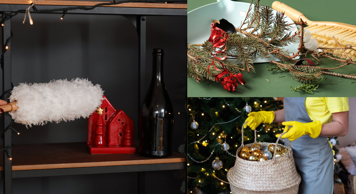 Person räumt nach Weihnachten auf: Staubwedel, Nadeln im Kehrblech, Deko-Kugeln im Korb vor geschmücktem Baum und Regal.