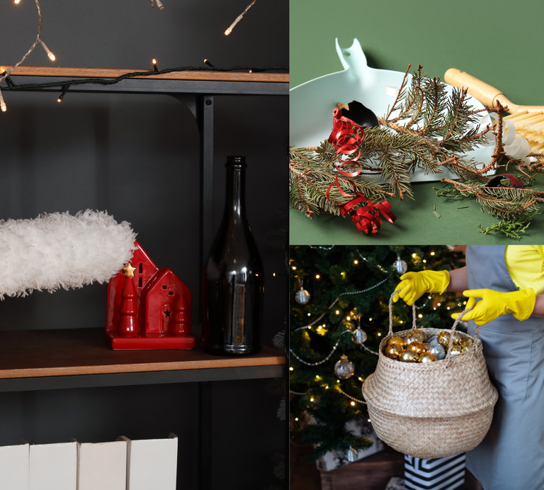 Person räumt nach Weihnachten auf: Staubwedel, Nadeln im Kehrblech, Deko-Kugeln im Korb vor geschmücktem Baum und Regal. | © Shuttertock/Pixel-Shot/EkaterinaSid/Canva/Collage:bildderfrau.de