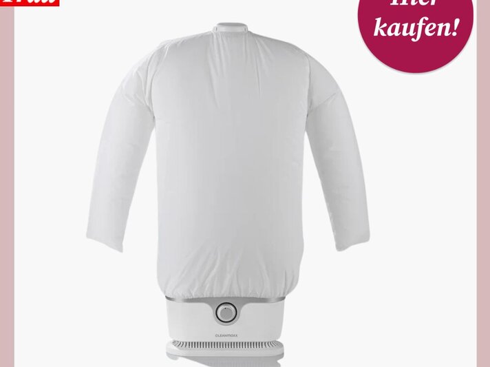 Weißer Hemdenbügler mit aufgeblasenen Ärmeln und Rundhals, auf einem weißen Hintergrund mit rot-weißem „Hier kaufen!“-Button. | © Lidl 
