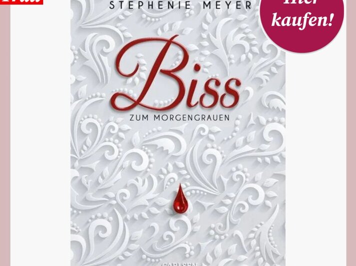 Das Cover von „Biss zum Morgengrauen“ zeigt ein weißes, ornamentales Muster mit einer roten Blutstropfen-Grafik in der Mitte. | © Thalia