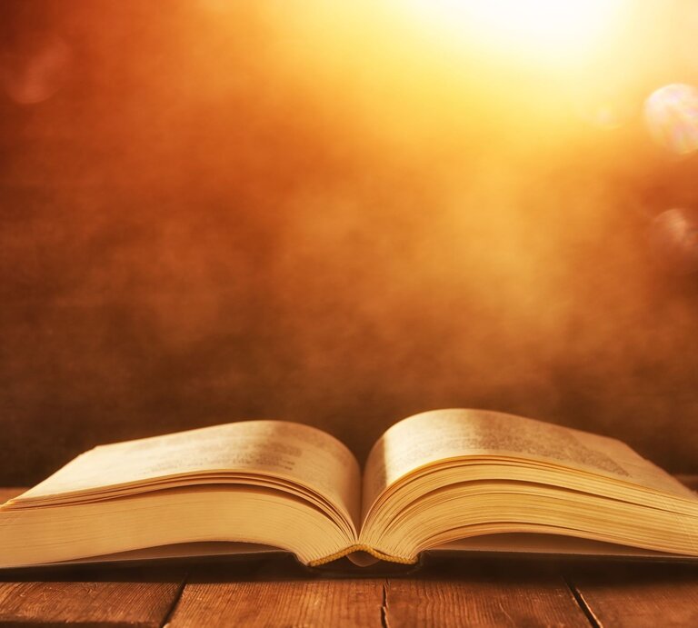 Ein aufgeschlagenes Buch liegt auf einem Holztisch, beleuchtet von warmem, goldenem Sonnenlicht. | © Adobe Stock/tomertu