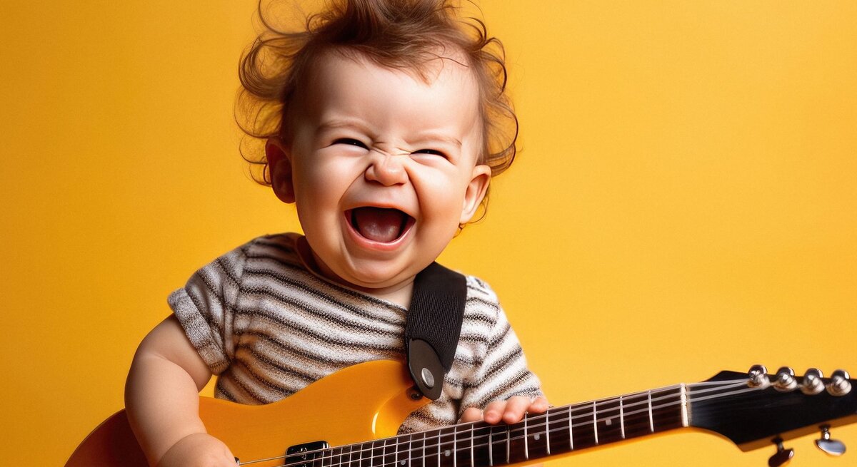 Ein lachendes Baby mit lockigem Haar spielt auf einer gelben E-Gitarre vor einem leuchtend gelben Hintergrund.