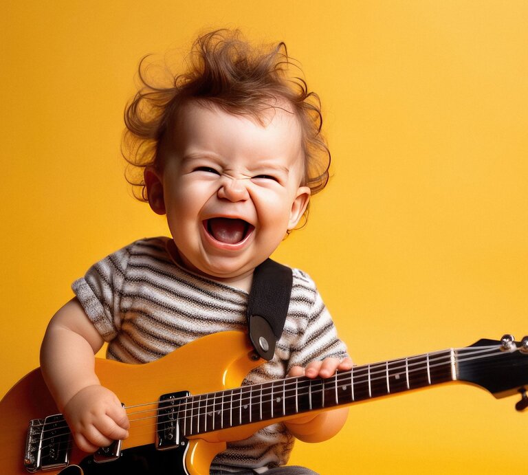 Ein lachendes Baby mit lockigem Haar spielt auf einer gelben E-Gitarre vor einem leuchtend gelben Hintergrund. | © Adobe Stock/Goffkein (generiert mit KI)