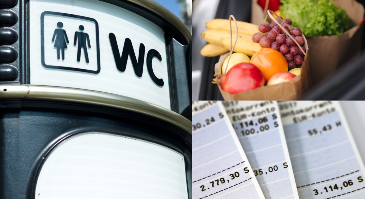 Öffentliche WC-Beschilderung, ein voller Einkaufskorb mit frischem Obst und ein Bankauszug mit hohen Geldbeträgen.