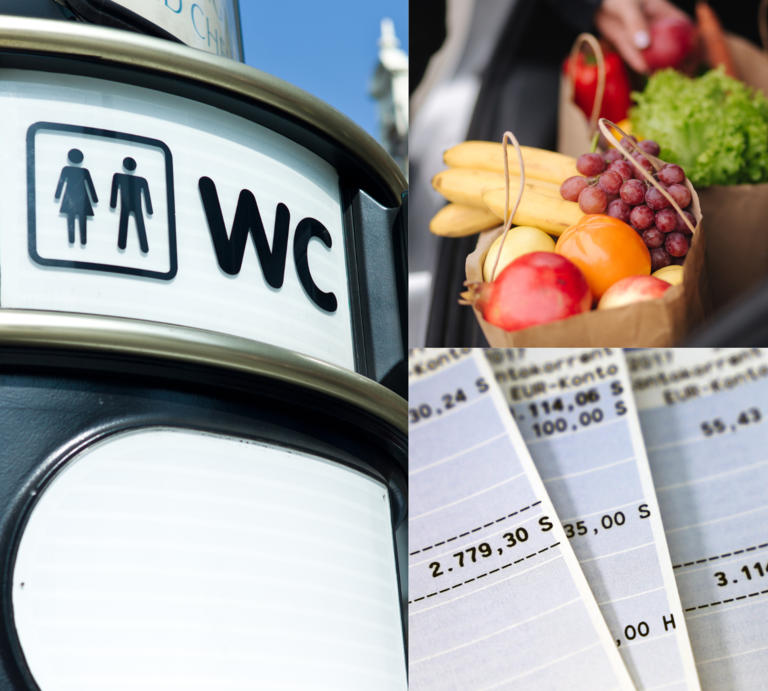 Öffentliche WC-Beschilderung, ein voller Einkaufskorb mit frischem Obst und ein Bankauszug mit hohen Geldbeträgen. | © Canva [M]