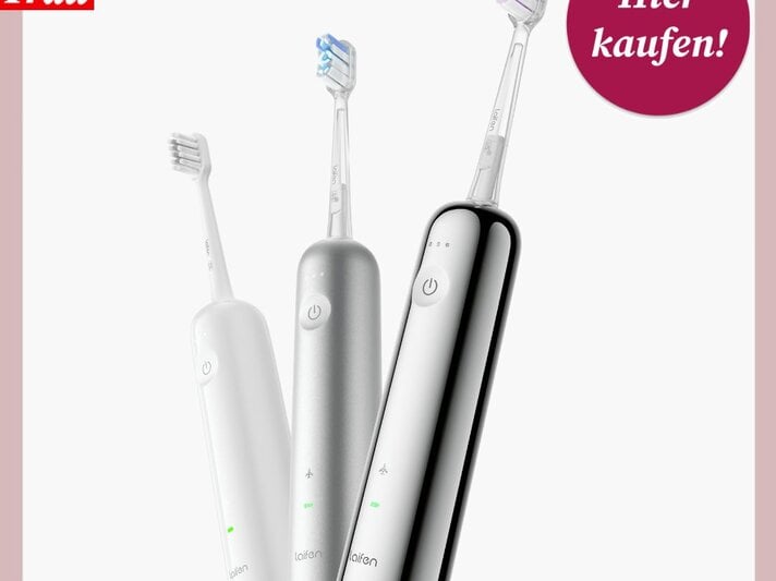 Bild von drei elektrischen Zahnbürsten in unterschiedlichen Farben, oben links das Logo von Bild der Frau. | © Laifen