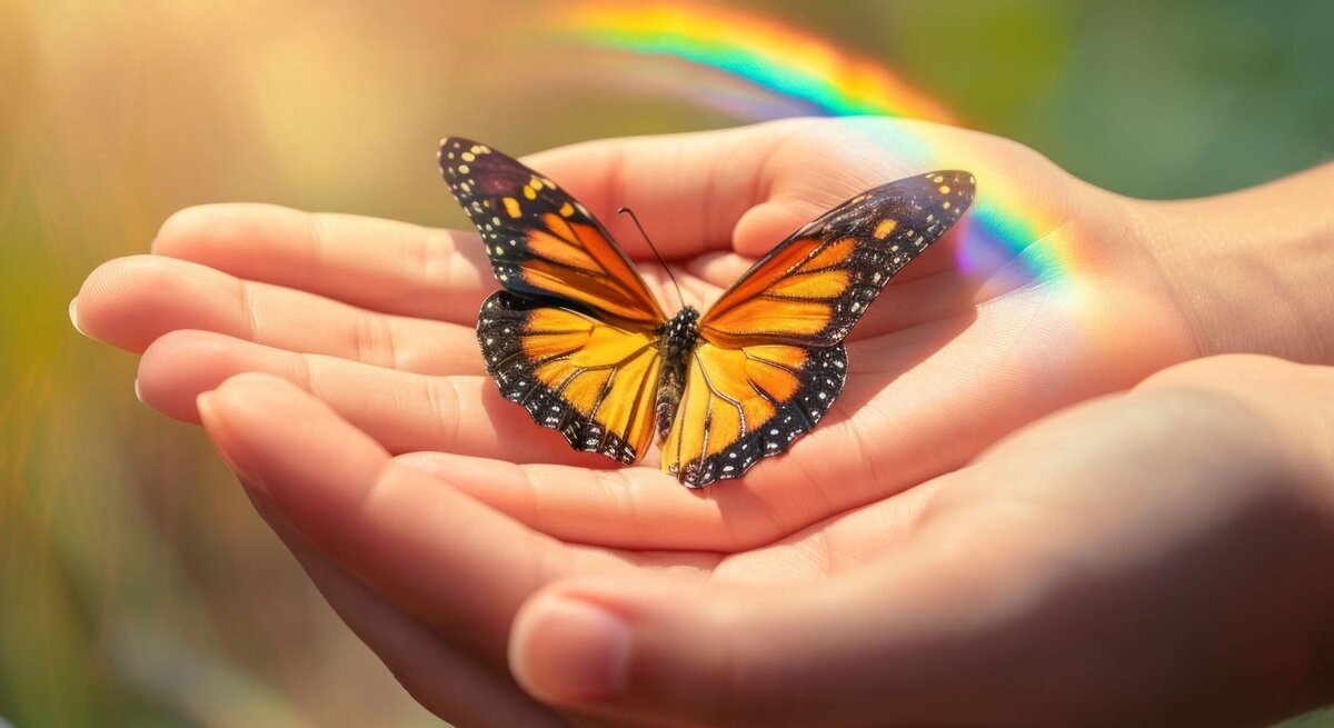 Nahaufnahme eines orange-schwarzen Schmetterlings auf einer Hand, im warmen Licht mit Regenbogen.