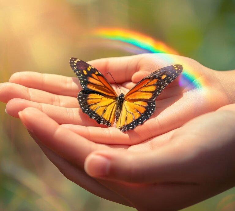 Nahaufnahme eines orange-schwarzen Schmetterlings auf einer Hand, im warmen Licht mit Regenbogen. | © Adobe Stock/ Rawpixel.com (Generiert mit KI)