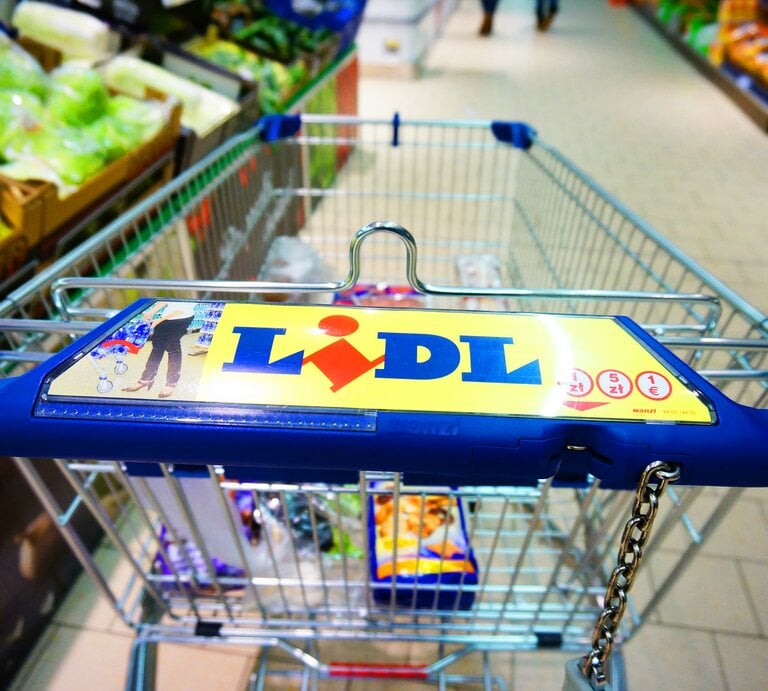 Einkaufswagen mit blauem Griff und Lidl-Logo im Supermarkt, im Hintergrund Gemüseabteilung und geflieste Böden sichtbar. | © Adobe Stock/ Everyday Frame