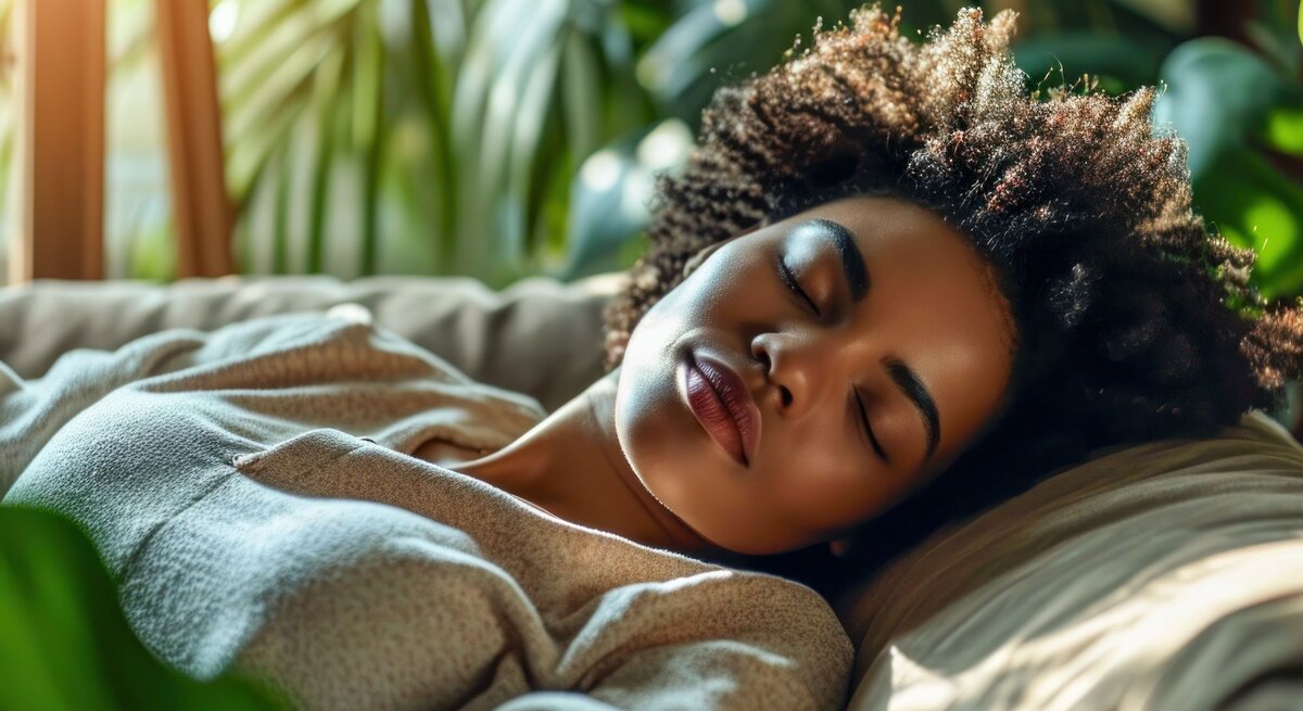 Eine junge Frau mit natürlich gelocktem Haar schläft friedlich auf einem Sofa. Sie ist in eine gemütliche, helle Strickdecke gehüllt und umgeben von weichen Kissen, während sanftes Tageslicht das Zimmer durchflutet und eine Atmosphäre von Ruhe und Entspannung schafft. Im Hintergrund sind üppige Zimmerpflanzen zu erkennen.