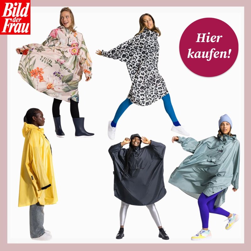 Fünf junge Frauen präsentieren farbenfrohe Regenponchos in Blumen-, Leo- und Uni-Design vor hellem Hintergrund. | © Ela Mo/Canva/Collage:bildderfrau.de