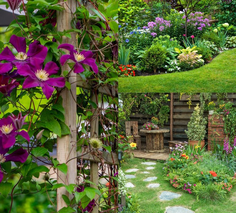 Üppige lila Clematisblüten ranken an einem Holzspalier; daneben grüne Wiese mit blühendem Beet und rustikale Sitzecke im Garten. | © Shutterstock/Adam bartosik/Canva/Collage:bildderfrau.de