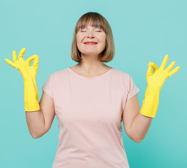 Eine Frau trägt gelbe Gummihandschuhe, hält beide Hände im "OK"-Zeichen und steht vor einem türkisfarbenen Hintergrund. | © Adobe Stock / ViDi Studio