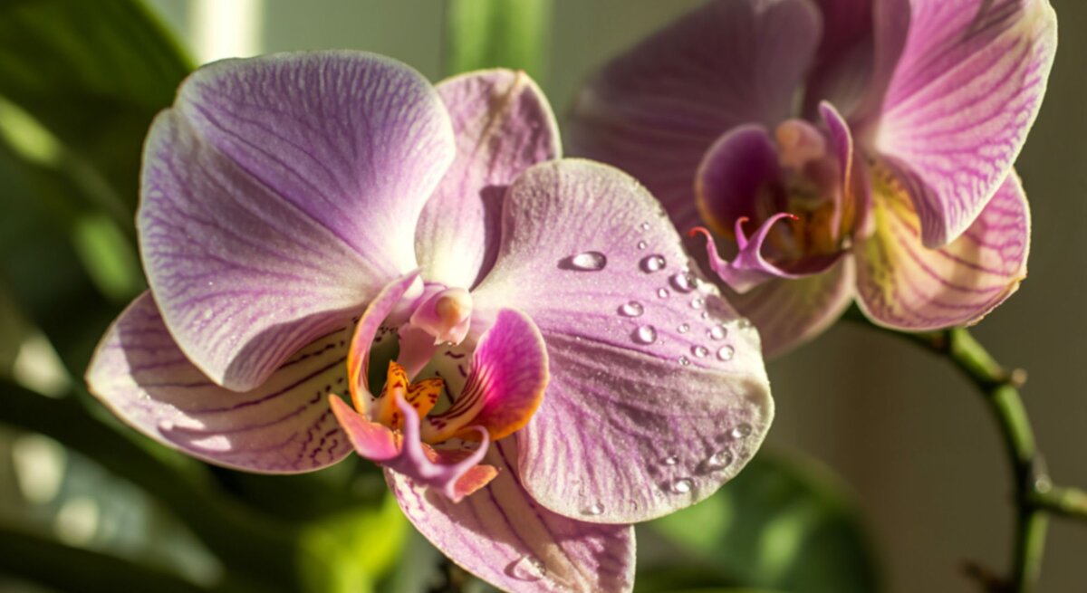 Zarte violette Orchideenblüten mit feinen Streifen und Wassertropfen, umgeben von grünen Blättern im Sonnenlicht.