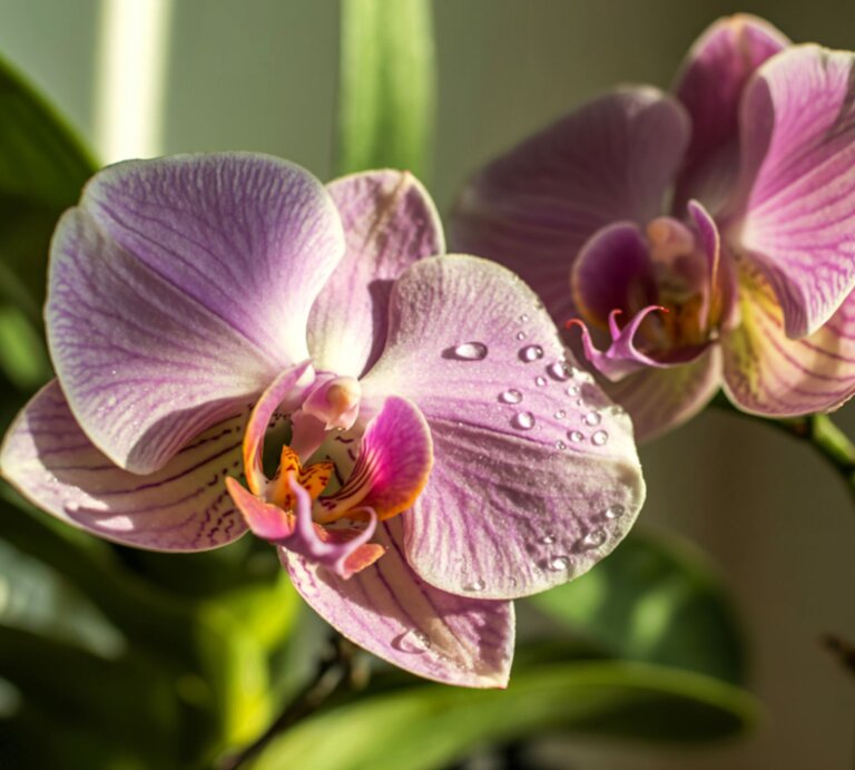 Zarte violette Orchideenblüten mit feinen Streifen und Wassertropfen, umgeben von grünen Blättern im Sonnenlicht. | © Shutterstock/ioanuverdeanu