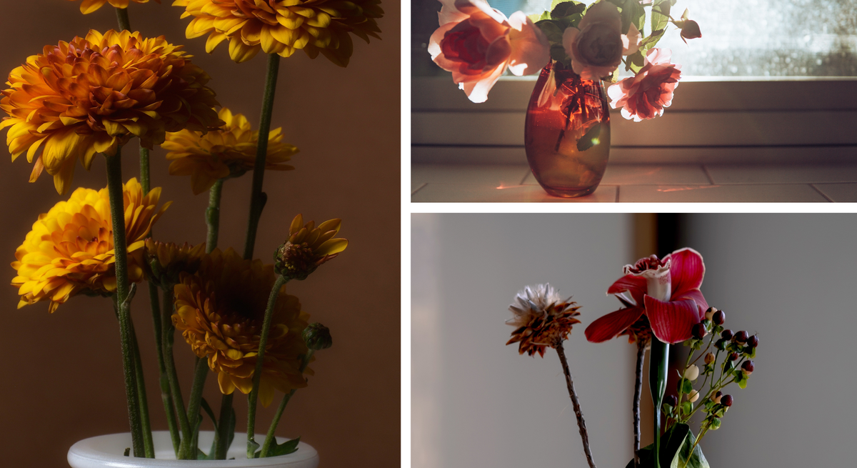 Collage mit drei Blumensträußen: orange Chrysanthemen, Rosen im Gegenlicht und ein minimalistisches Gesteck mit roter Orchidee.