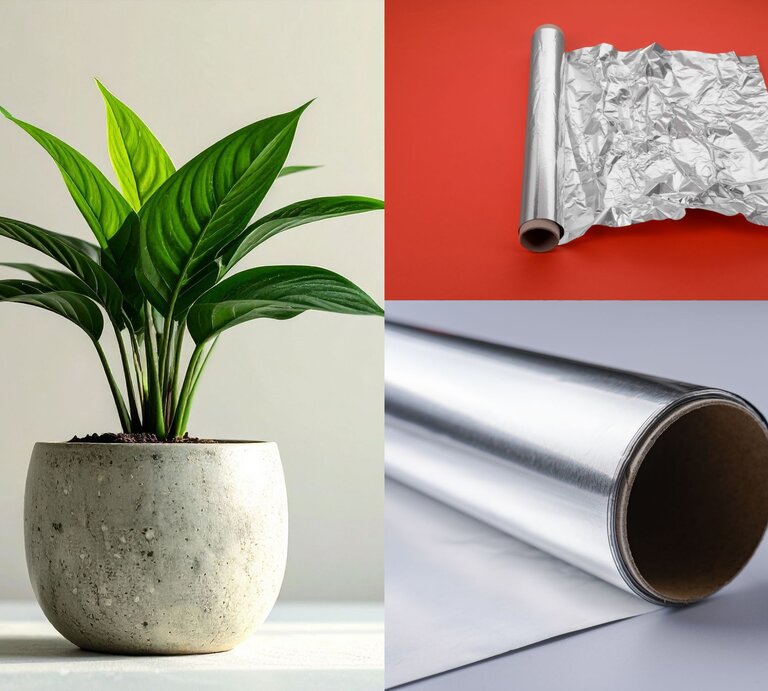 Eine grüne Pflanze mit großen Blättern in einem schlichten grauen Topf auf hellem Hintergrund, neben silberner Alufolie auf rotem und grauem Untergrund. | © Canva/Collage:bildderfrau.de