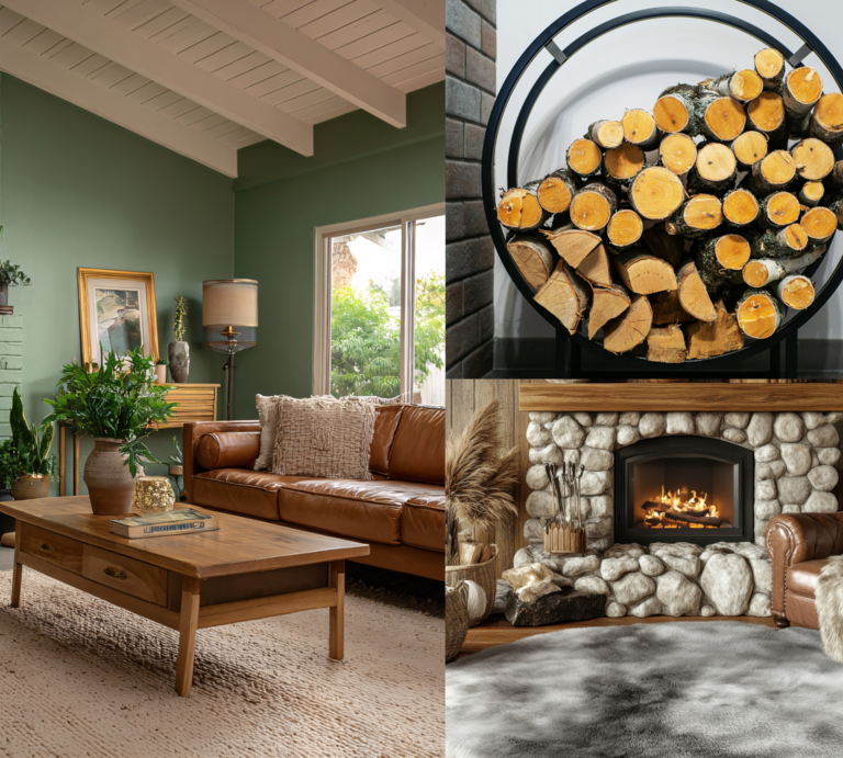Gemütliches Wohnzimmer mit Ledercouch, Kaminfeuer, Steinwand, Zimmerpflanzen, Holztisch und dekorativ gestapeltem Kaminholz im Kaminholzregal. | © Canva/Collage:bildderfrau.de