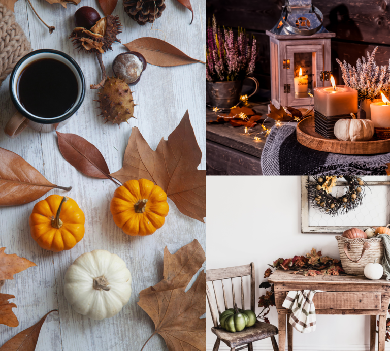 Ein herbstliches Stillleben mit Kürbissen, buntem Laub, Kerzen im Holztablett, Kaffee und rustikaler Deko auf Tisch und Stuhl. | © Canva/Collage:bildderfrau.de