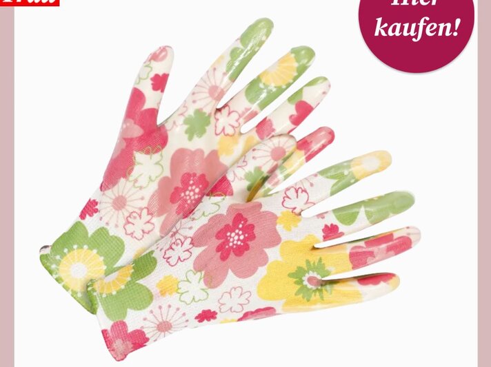 Ein Paar dünne Gartenhandschuhe mit buntem Blumenmuster in Rosa, Gelb, Grün und Weiß auf weißem Hintergrund. | © OBI