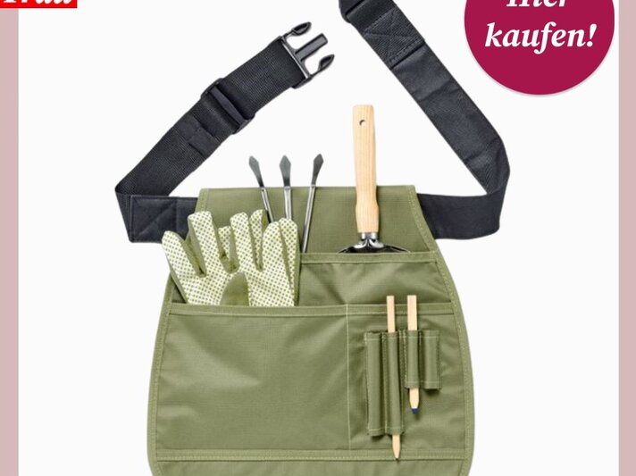 Eine grüne Gartenschürze mit Taschen, gefüllt mit Handschuhen, kleinen Gartengeräten und Bleistiften, sowie verstellbarem Gürtel. | © Collage: Tchibo, bildderfrau.de