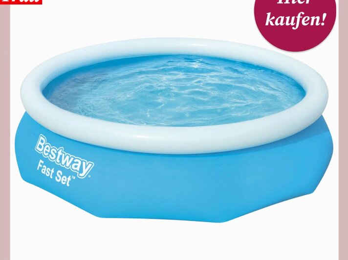 Ein aufblasbarer blauer Rundpool mit weißem Rand, gefüllt mit klarem Wasser, steht vor hellem Hintergrund, ideal für den Garten. | © Collage: Lidl, bildderfrau.de
