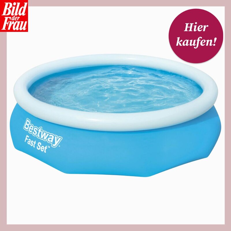 Ein aufblasbarer blauer Rundpool mit weißem Rand, gefüllt mit klarem Wasser, steht vor hellem Hintergrund, ideal für den Garten. | © Collage: Amazon, bildderfrau.de