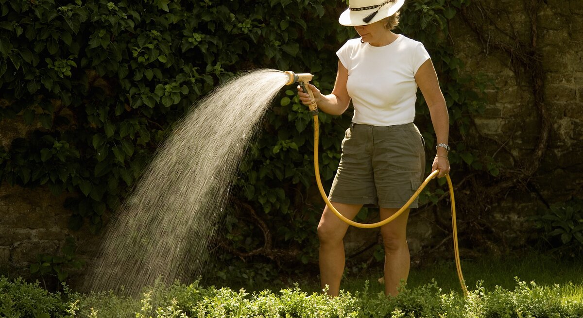 Frau wässert ihren Garten