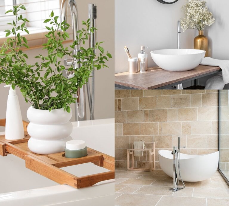 Ein weißer Keramikvasen mit grünen Zweigen, eine Seifenspenderflasche und ein Cremetiegel stehen auf einem Bambustablett über der Badewanne. | © Canva/Collage:bildderfrau.de