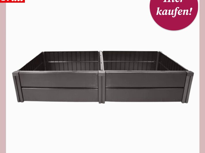 Zweigeteiltes, modernes Hochbeet aus robustem Kunststoff in Anthrazit mit klaren Linien und strukturierter Oberfläche. | © Collage: Lidl, bildderfrau.de