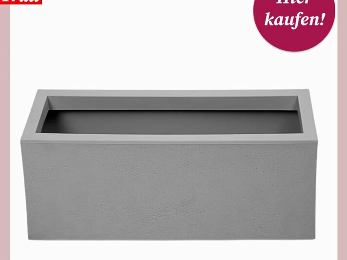 Rechteckiger, grauer Pflanzkübel mit glatter Kante und feinporiger Struktur auf weißem Hintergrund. | © OBI